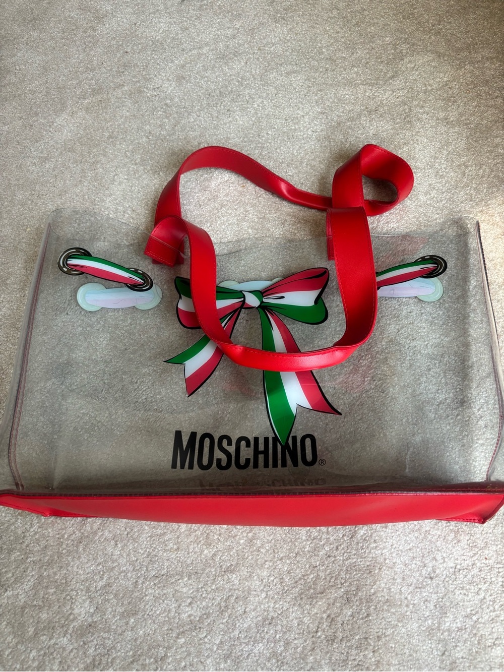 Moschino Clear Tote with Red Trim and Tricolor Bow